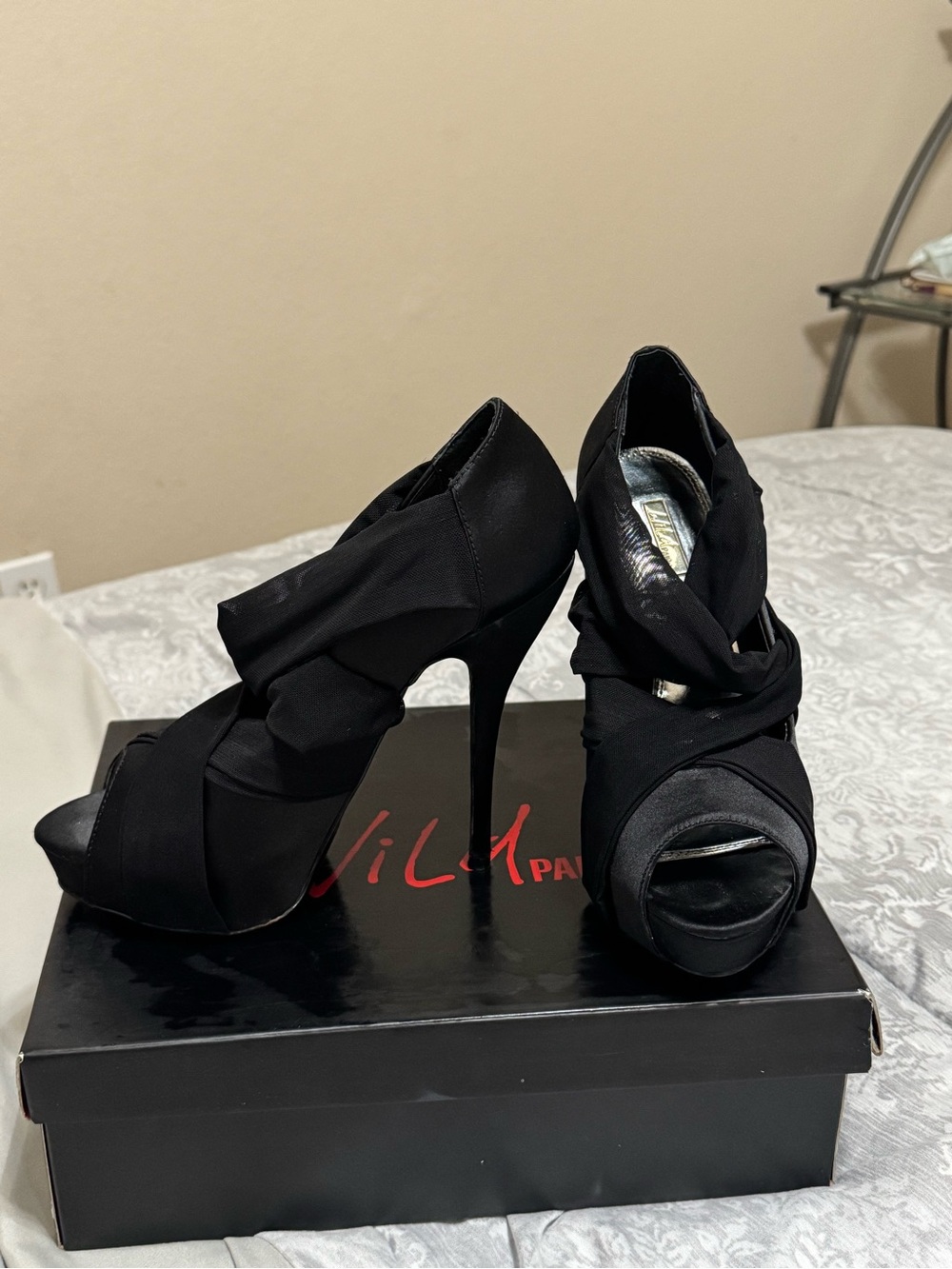 Wild Pair Vintage Black Satin Peep-Toe Wrap Pumps (Size 8)